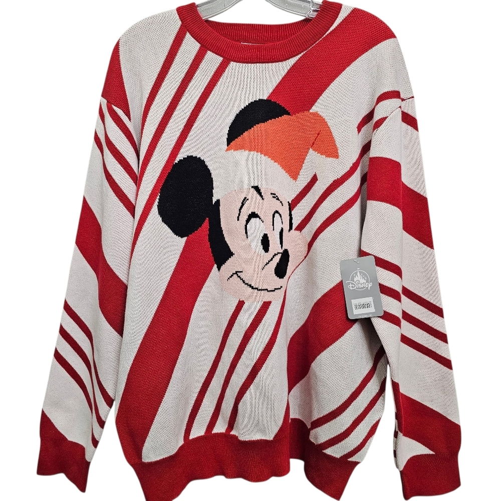 Nwt Disney Candy Cane Stripe 2023 Mickey Mouse Face Longsleeve Pullover Sweater